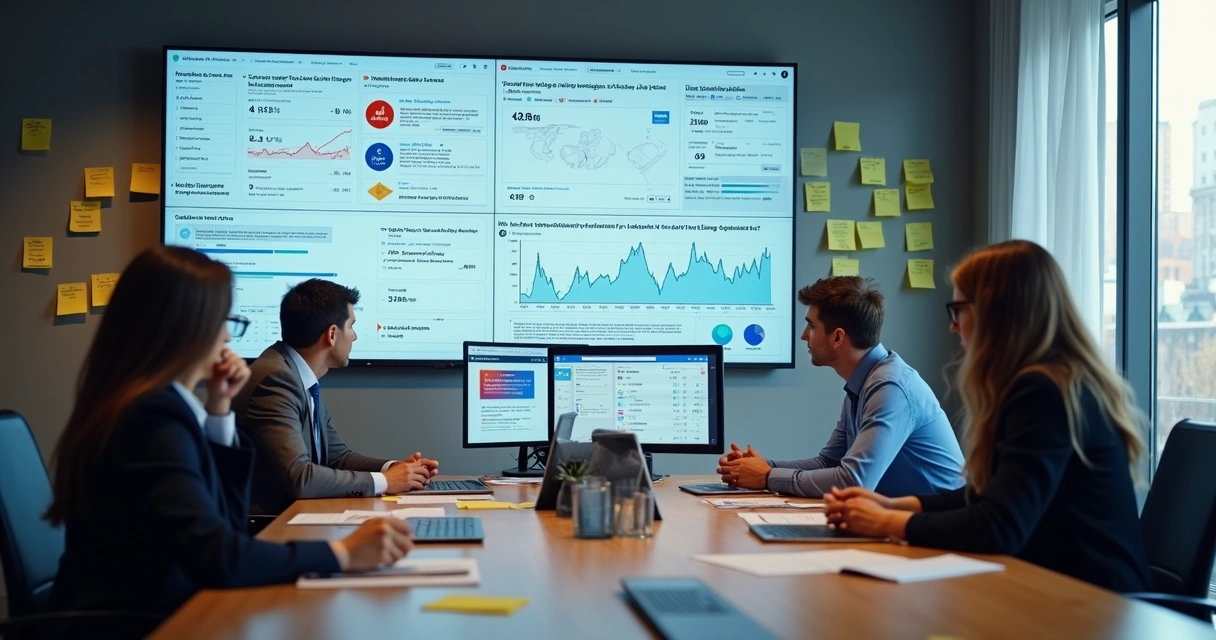 Equipe analisando gráficos de reputação online em vários monitores 