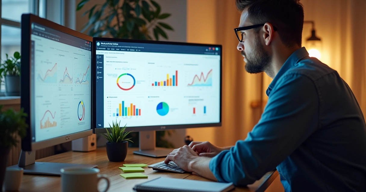 Gestor monitorando reputação digital em gráficos e avaliações 