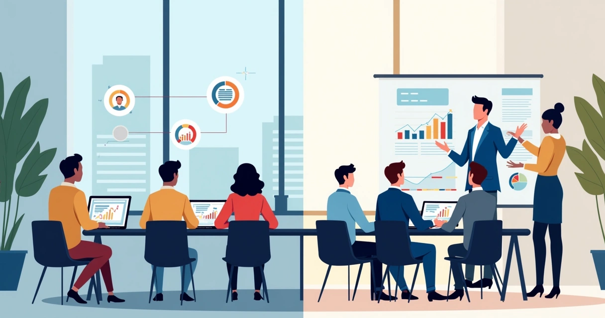 Tela dividida mostrando à esquerda equipe usando software de gestão em laptop e à direita consultor apresentando gráfico a equipe 