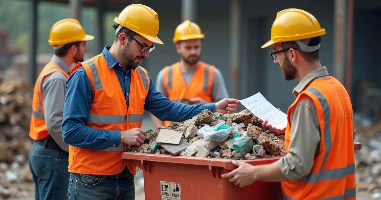 Equipe orientando descarte correto de resíduos na construção 