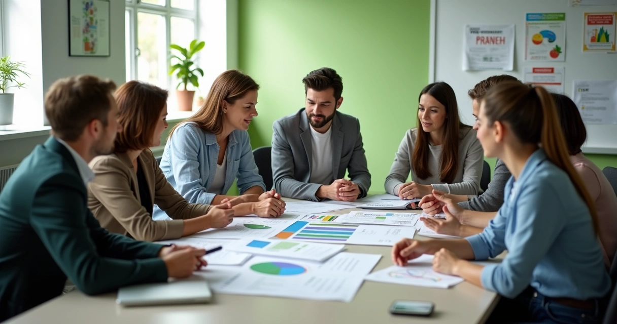 Equipe reunida analisando plano de resíduos em sala iluminada com recortes de gráficos