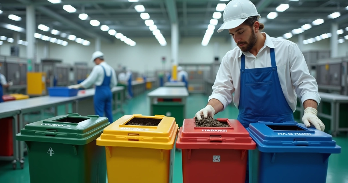 Operário em indústria alimentícia realizando segregação de resíduos 