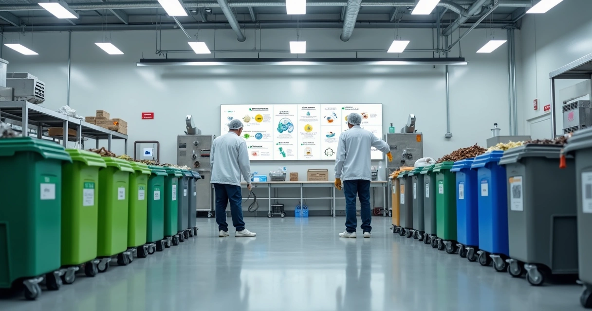 Equipe em indústria alimentícia fazendo gestão de resíduos sólidos em área limpa e organizada 