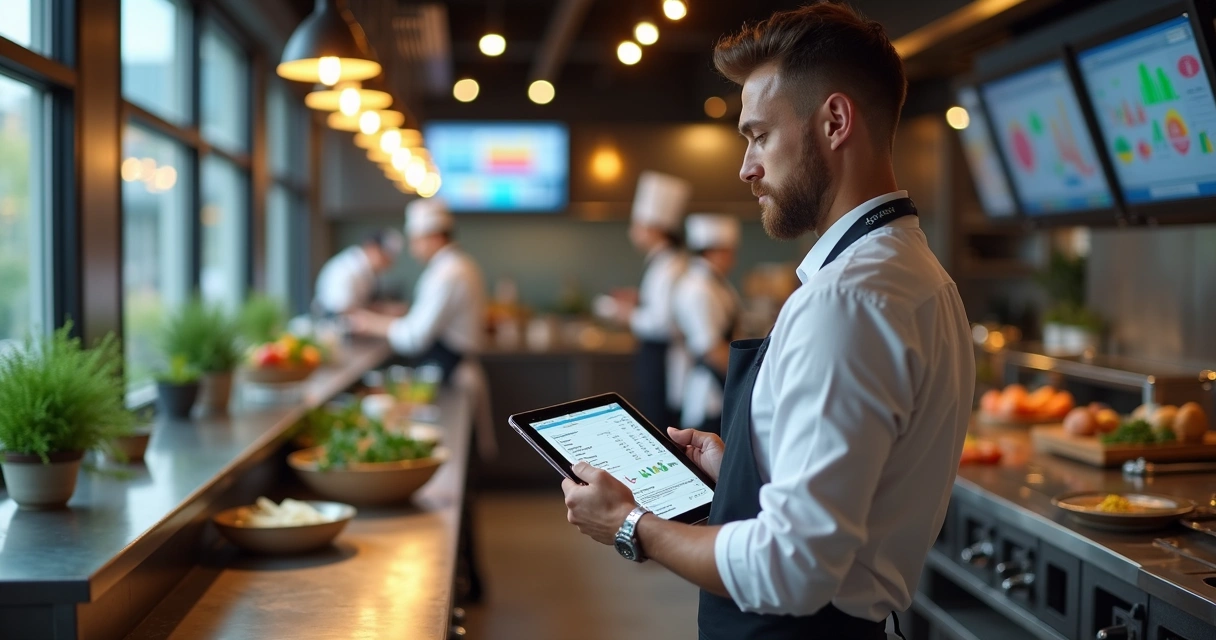 Gestor de restaurante utilizando tablet para controlar estoque e processos automatizados em cozinha moderna e organizada 