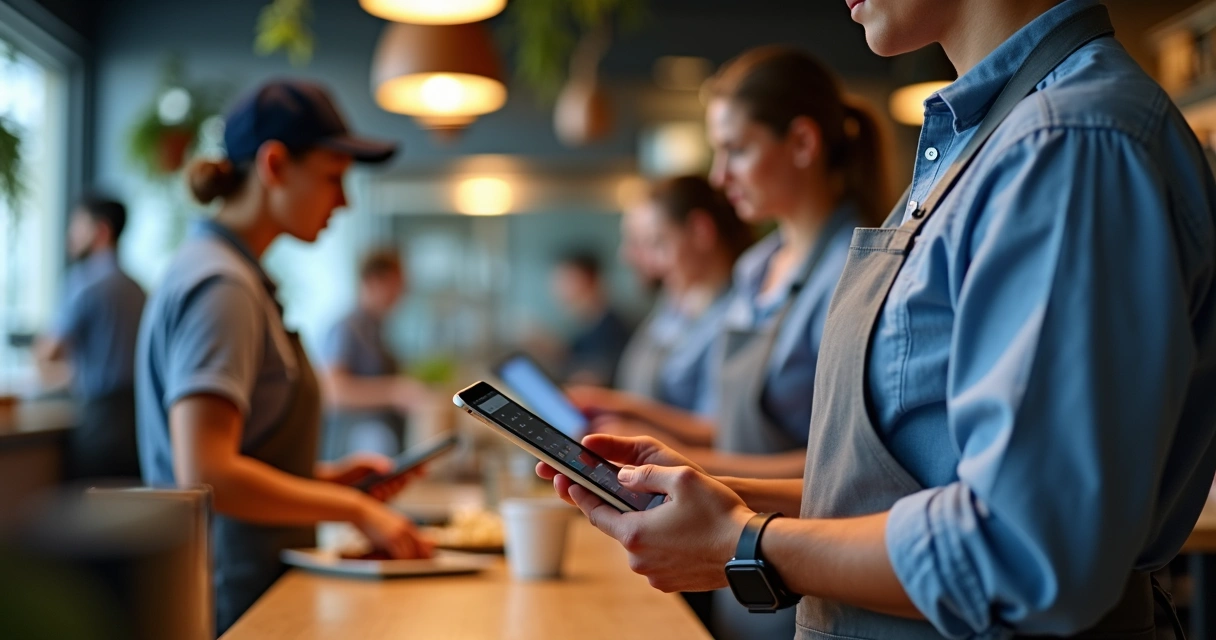 Atendimento por tablet e celular e pedidos chegando para produção na cozinha de restaurante