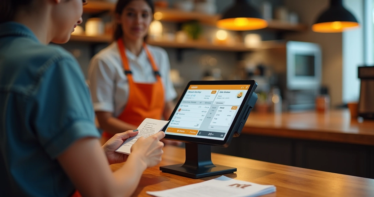 Equipe de restaurante usando PDV com pedidos e pagamentos organizados 