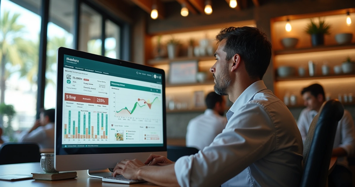 Gestor de restaurante analisando dados em computador 