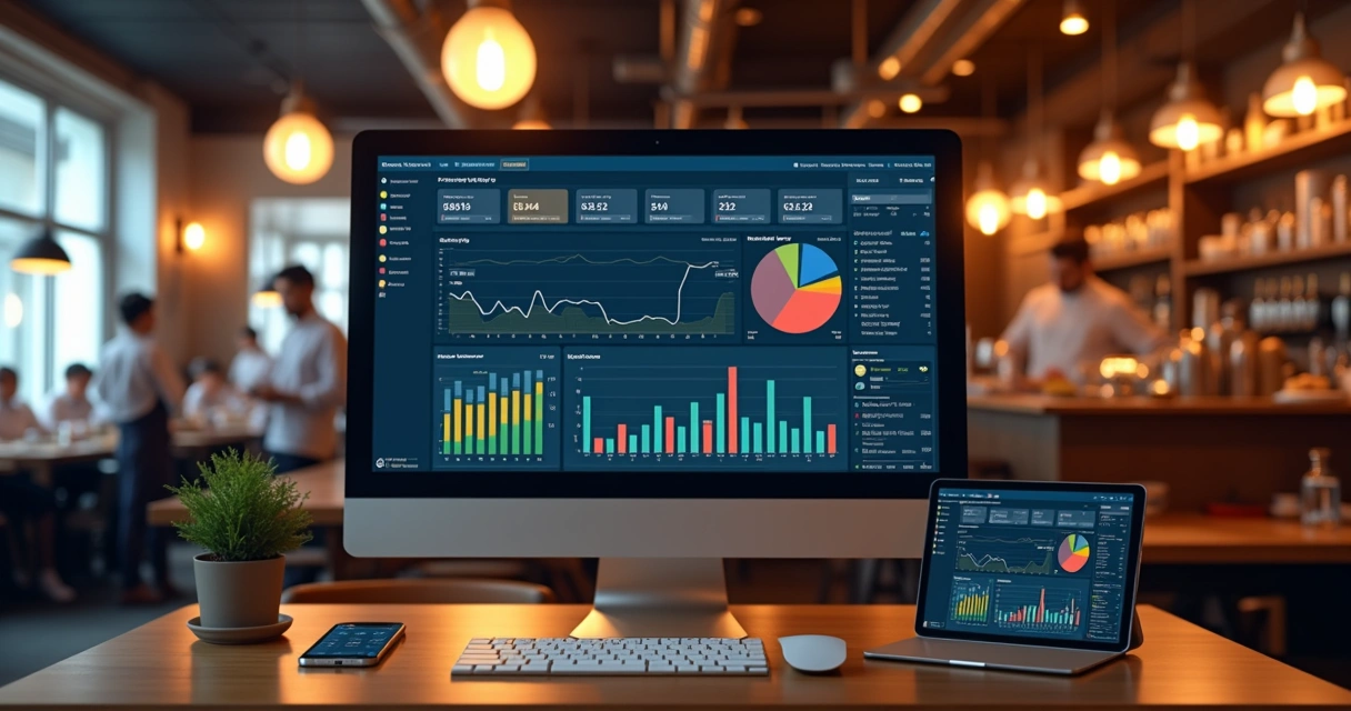 Tela de computador mostrando software de gestão de restaurante com gráficos de estoque e pedidos 
