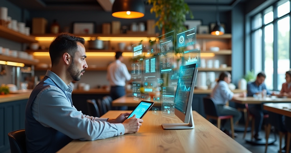Mesa de restaurante com gestor usando tablet para controlar estoque e pedidos, ambiente moderno com equipe trabalhando ao fundo 