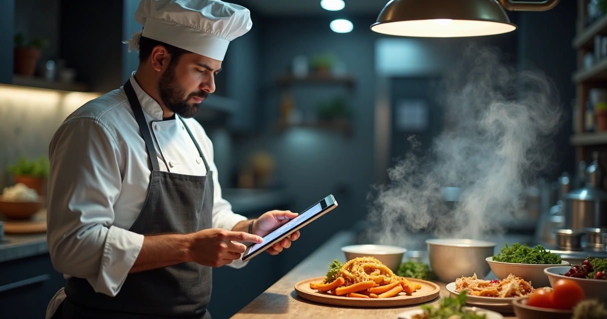 Chefe e gestor usando tablet para controlar estoque e receitas com dados em tela digital futurista 