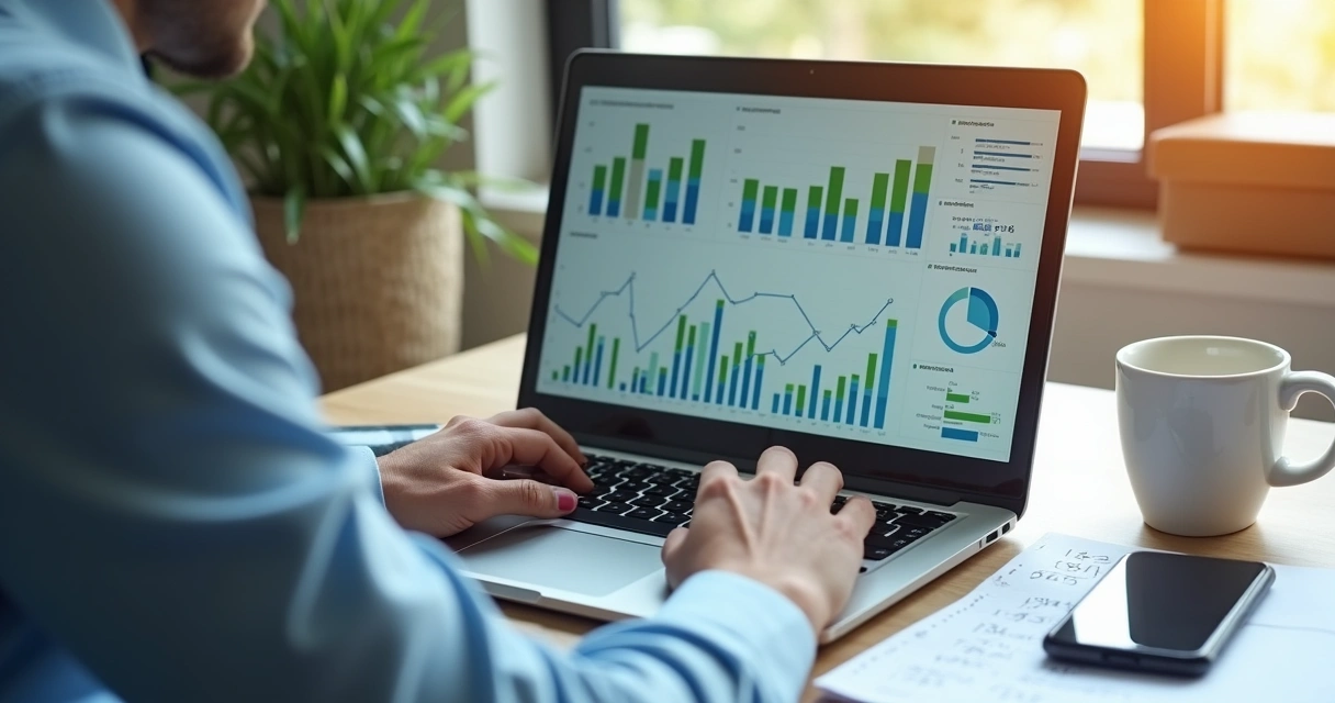 Gestor analisando gráficos e planilhas de desempenho de pedidos delivery em um notebook, com anotações e xícaras na mesa ao fundo.