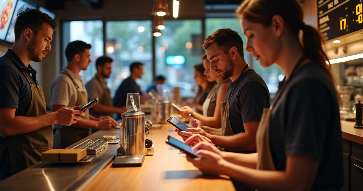 Sistema digital sendo utilizado por atendente em restaurante para gestão de pedidos de retirada no balcão 
