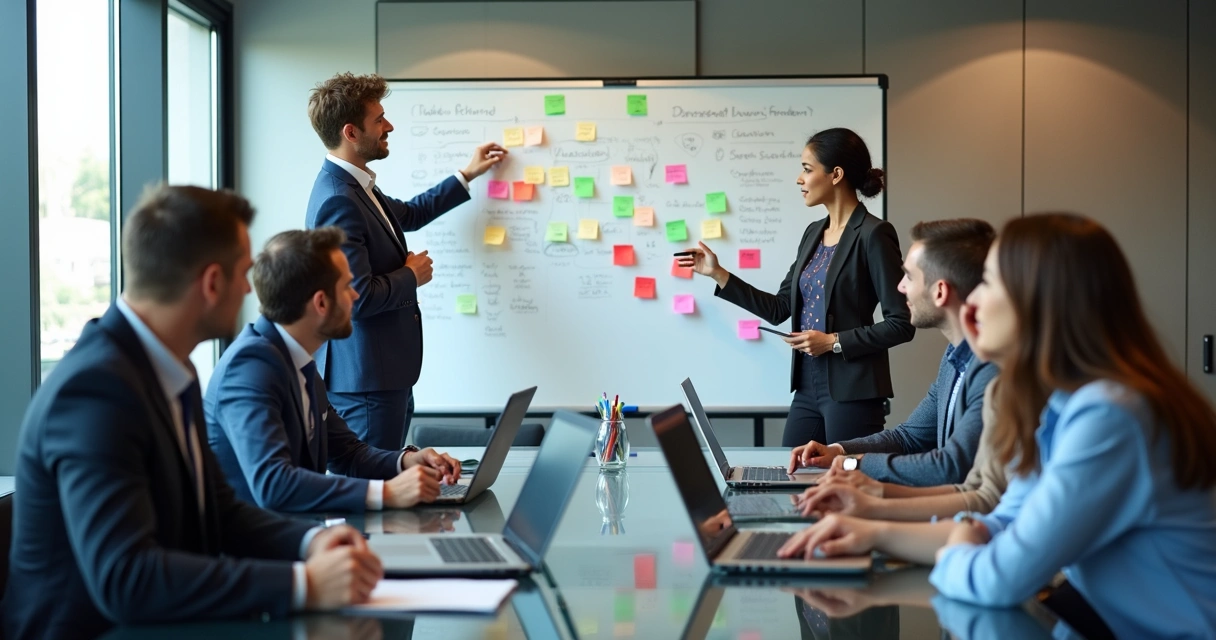 Reunião de equipe de campanha eleitoral em sala moderna com quadro branco 