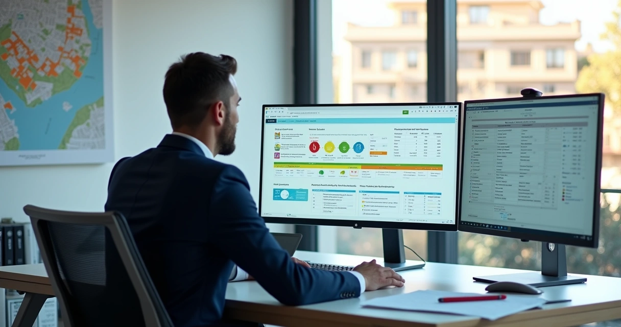 Gestor de Reurb analisando painel digital com fluxo de processos organizado 