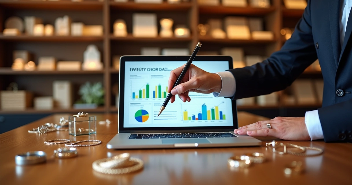 Mesa de escritório com joias detalhadas, notebook aberto mostrando gráficos de vendas e uma mão apontando para a tela 