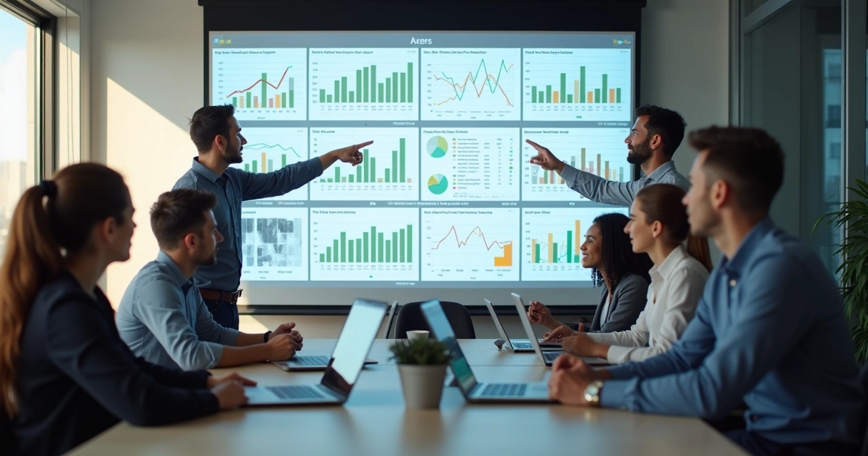 Reunião de equipe analisando gráficos de vendas em notebook
