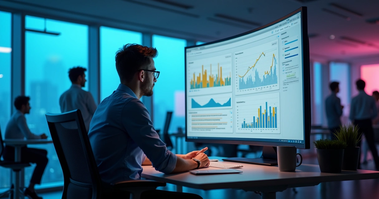 Gestor de RH analisando dados em tela de computador em tempo real 