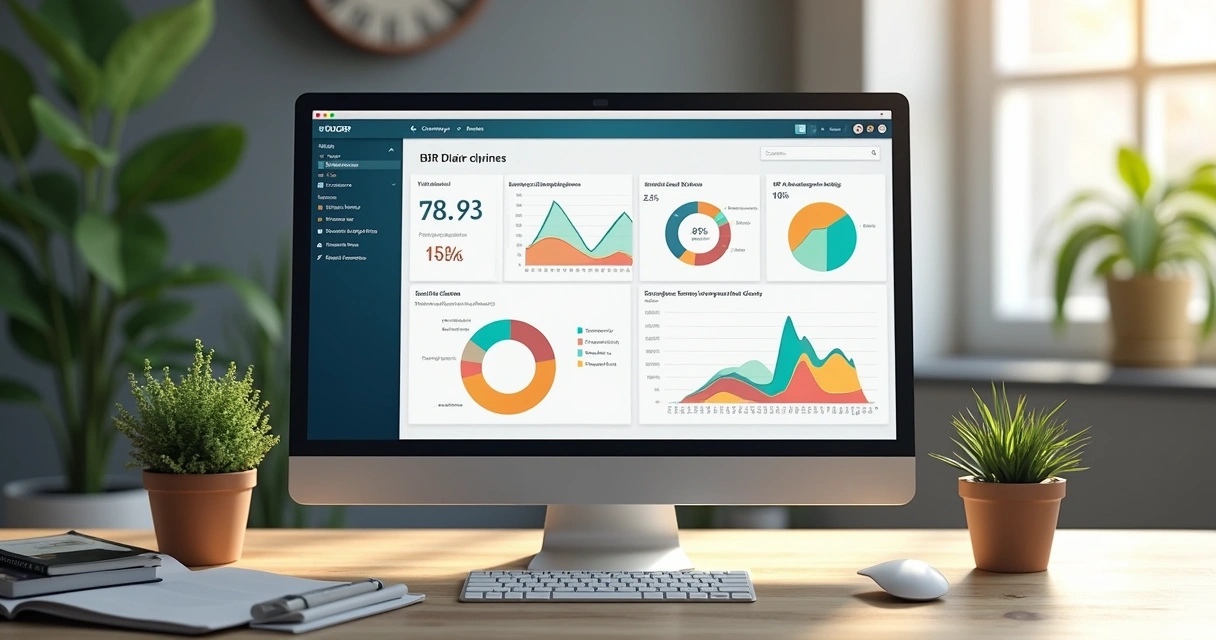 Tela de computador mostra gráficos e dados de recursos humanos 