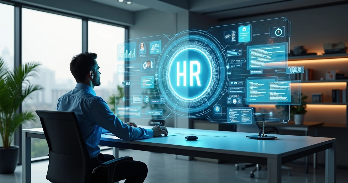 Profissional de RH utilizando ferramentas digitais de IA em ambiente moderno de escritório 