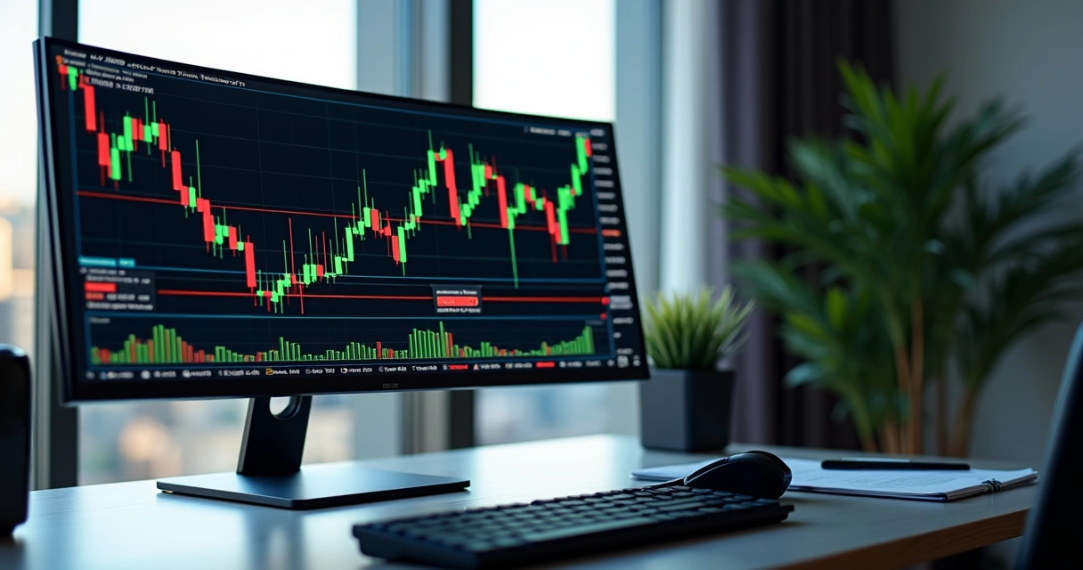 Tela de computador mostrando gráficos de trading com indicadores de risco automatizado e alertas visuais de proteção contra liquidação 