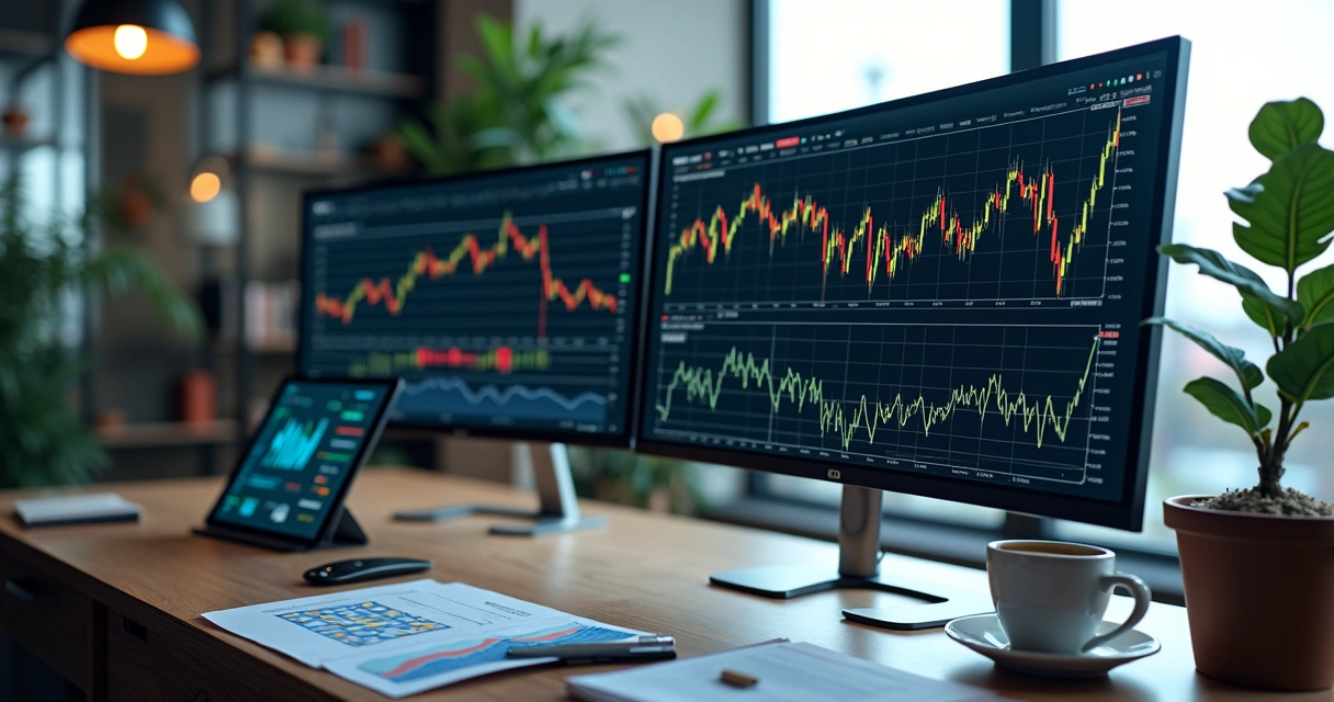 Mesa de trabalho com tela exibindo gráficos de commodities agrícolas e análise de risco financeira 