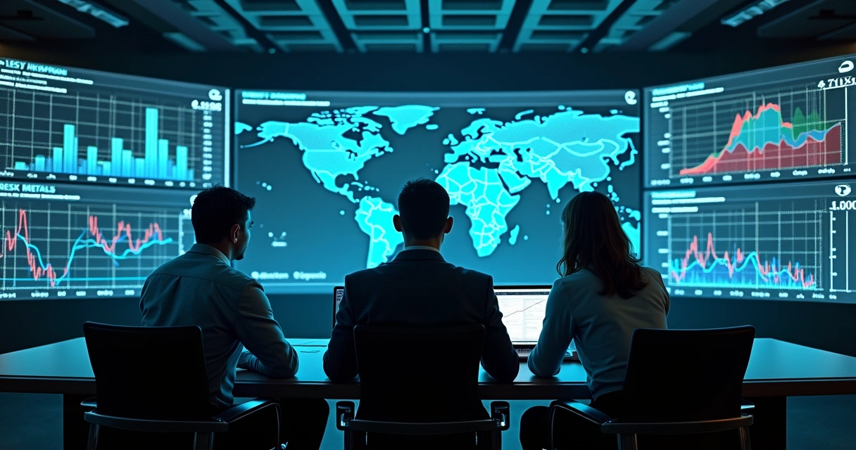 Painel de controle moderno mostrando indicadores de risco e gráficos de commodities.