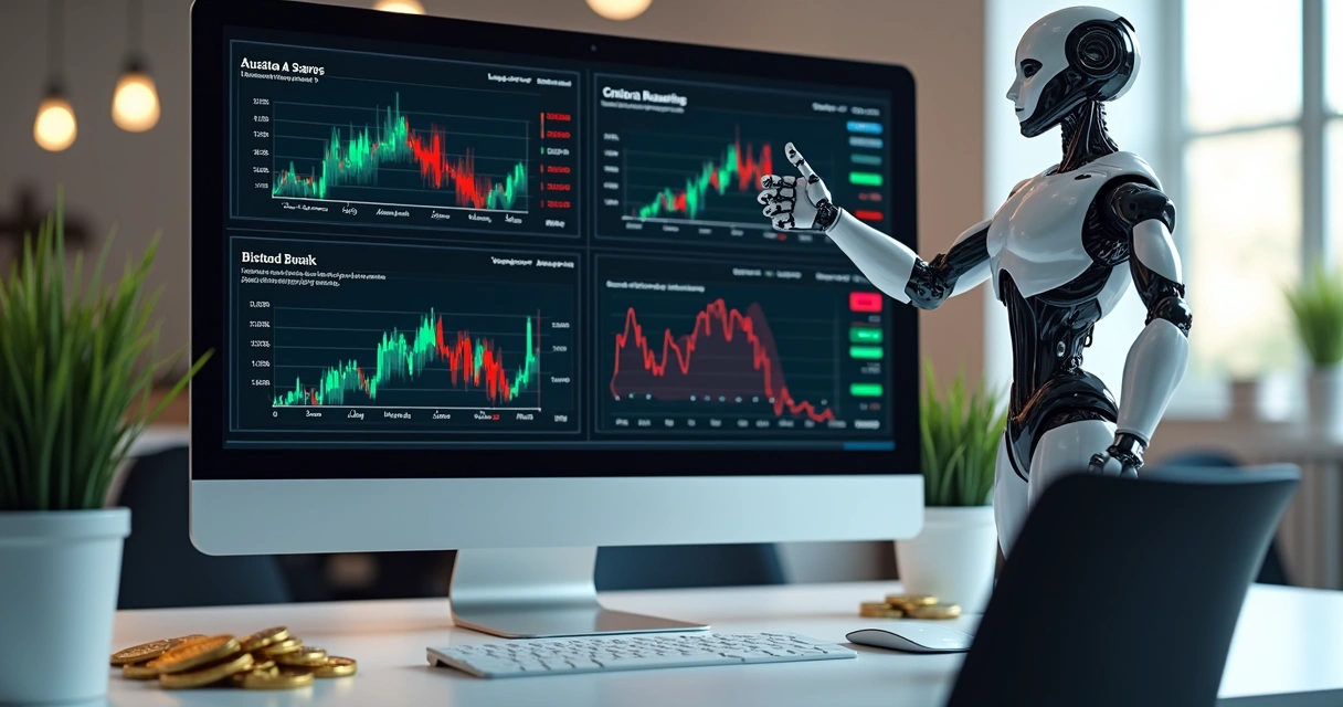 Computador exibindo gráficos de risco de criptomoedas 