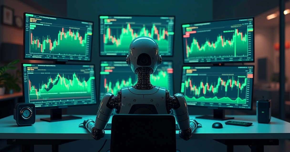 Painel digital mostrando gráfico de criptomoedas sendo monitorado por robô 