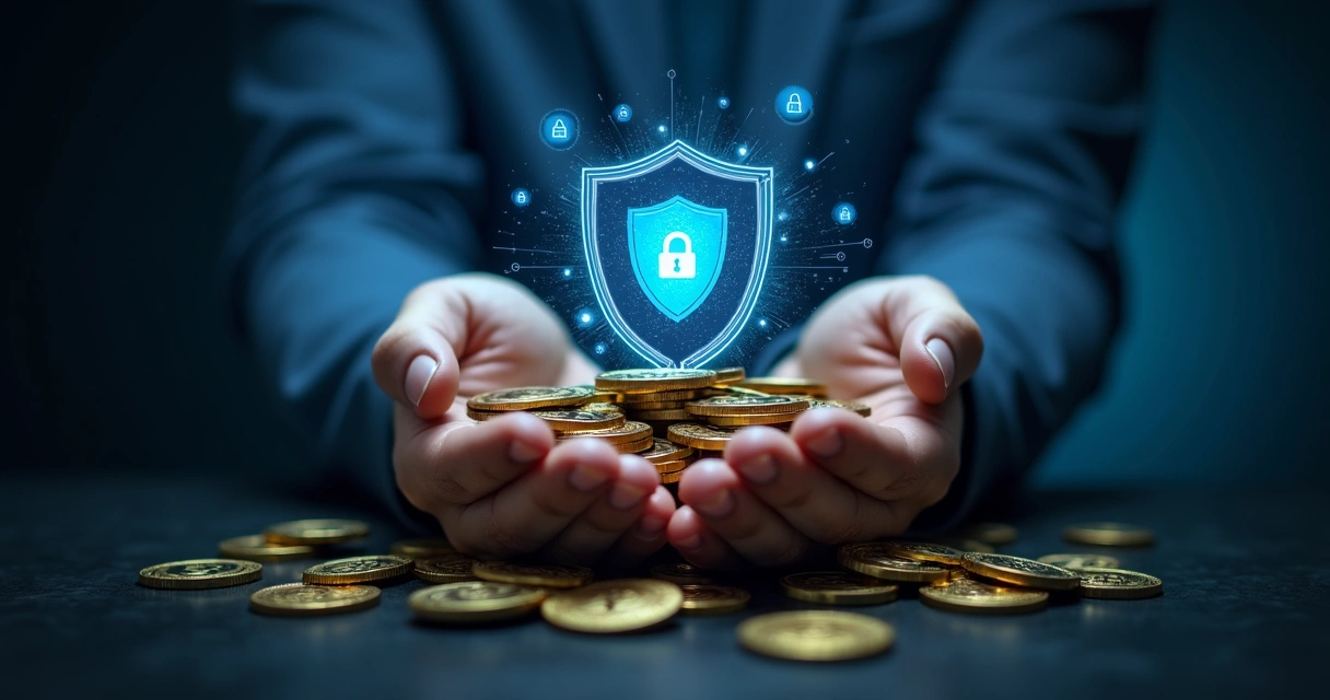 Mãos segurando um escudo digital sobre moedas de criptomoedas empilhadas. 