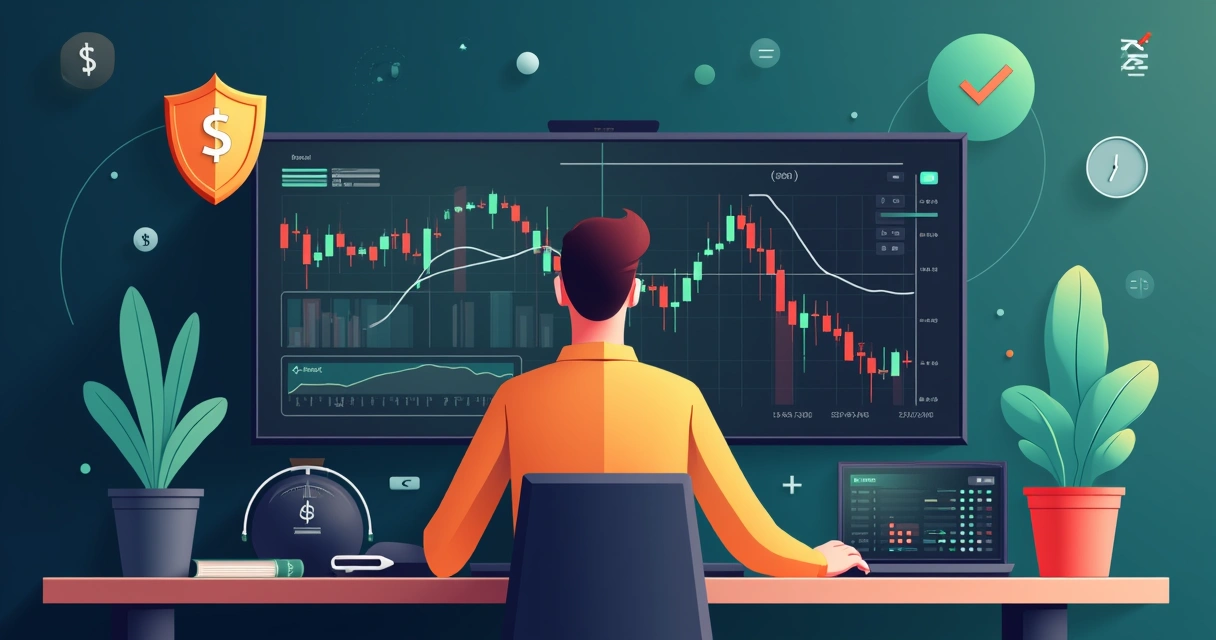 Trader analisa gráficos de criptomoedas com escudo simbolizando proteção de capital 