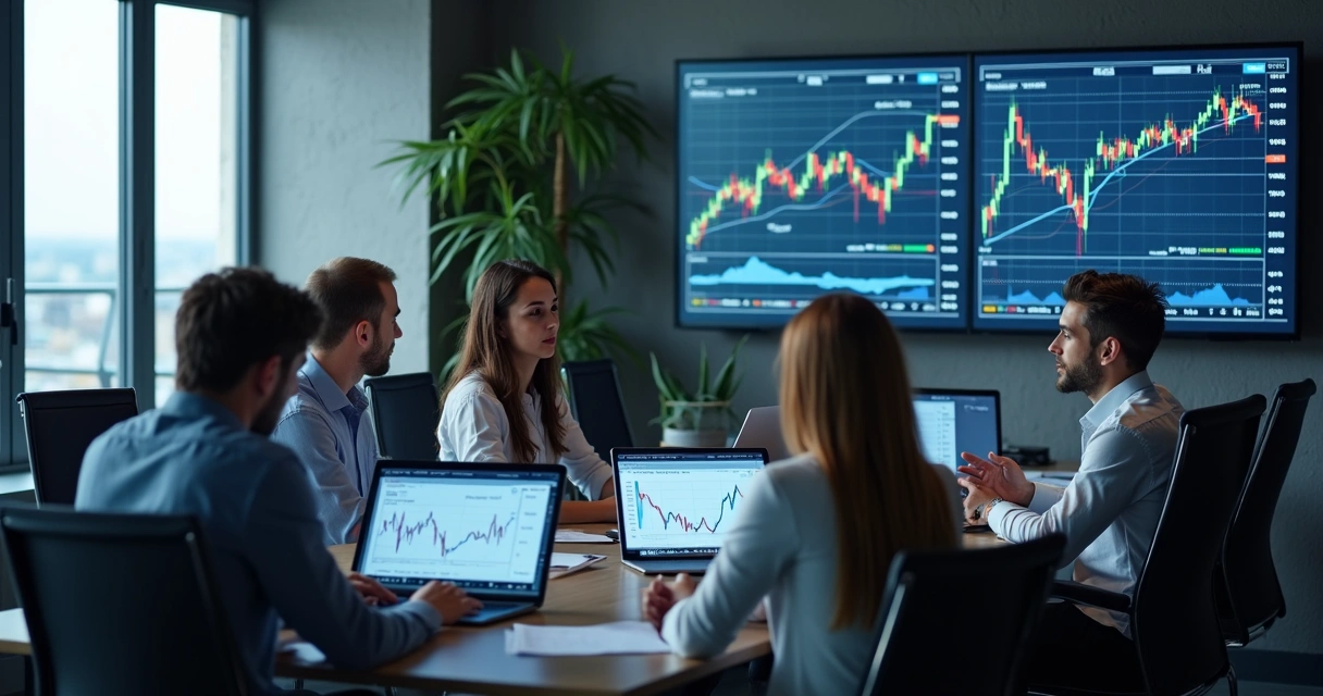 Empresa analisando gráficos de câmbio com planilhas e computador 