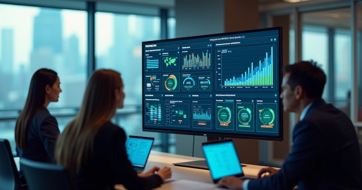 Painel digital mostrando integração de governança, riscos e compliance em uma interface corporativa moderna 