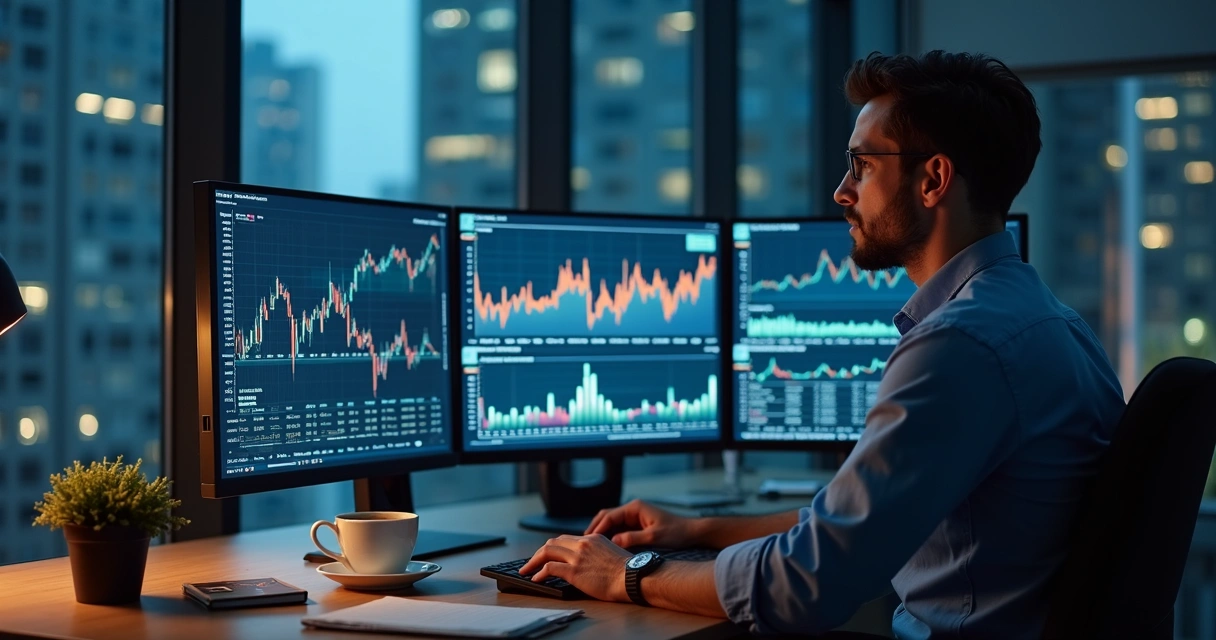 Homem adulto analisando gráficos financeiros em telas durante crise 