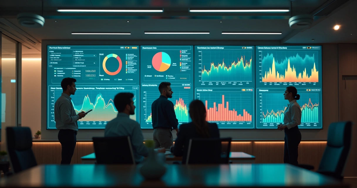 Painel de indicadores de risco financeiro com gráficos coloridos 
