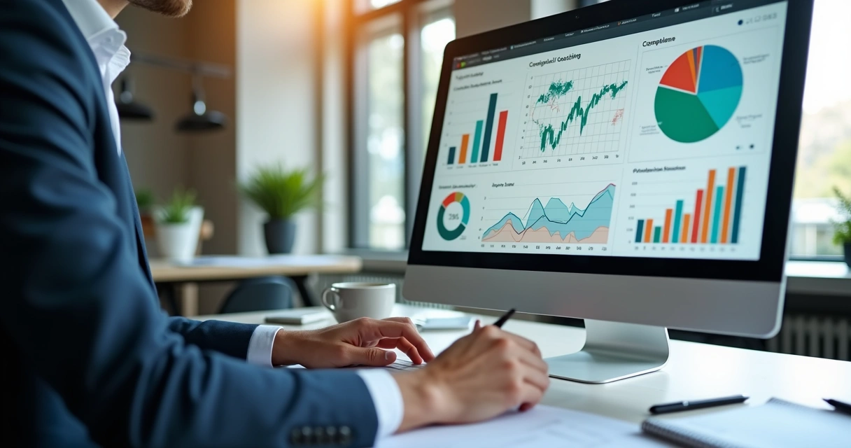 Gestor analisando gráficos de risco fiscal no computador 