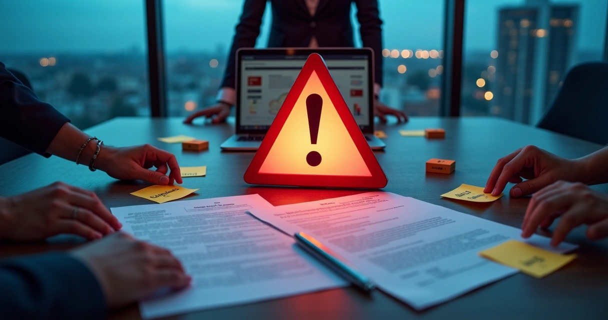 Placa de risco jurídica protegida por mãos empresariais em escritório corporativo 