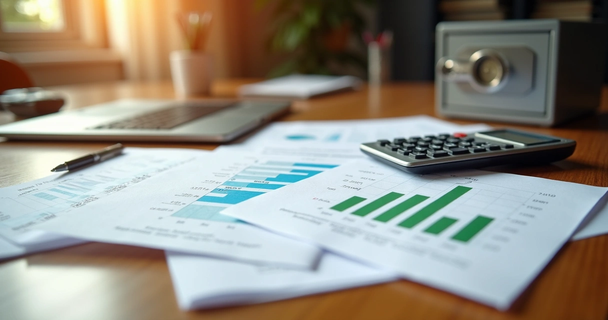 Mesa de escritório com documentos financeiros, gráficos, calculadora e cofre simbolizando gestão de riscos financeiros 