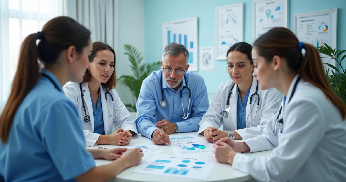 Profissionais de clínica médica reunidos discutindo gerenciamento de riscos psicossociais 