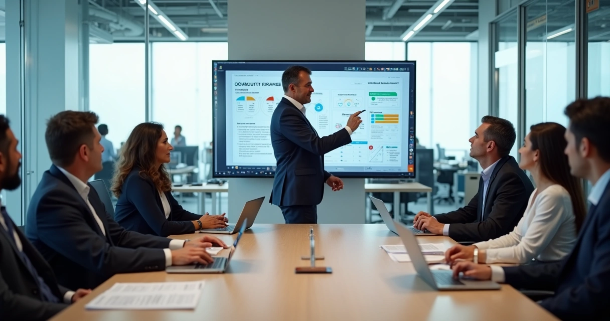 Reunião de gestores discutindo gestão de riscos psicossociais no ambiente de trabalho 