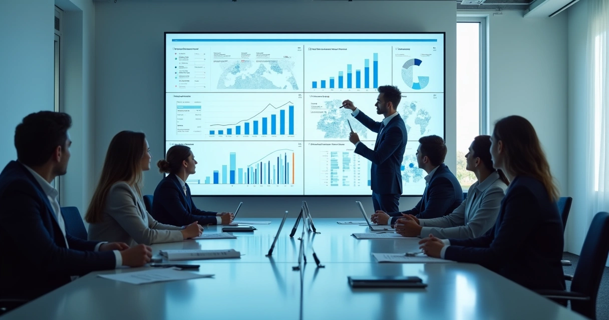 Equipe analisando relatórios de riscos psicossociais em sala de reunião