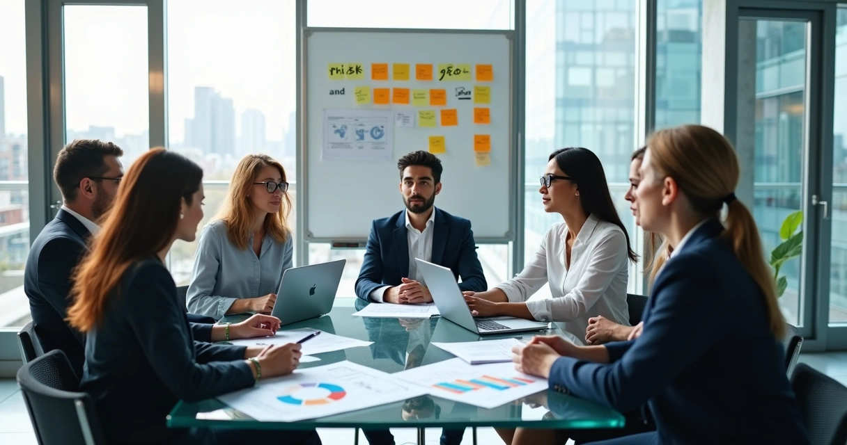Equipe de trabalhadores em ambiente corporativo discutindo riscos psicossociais em reunião