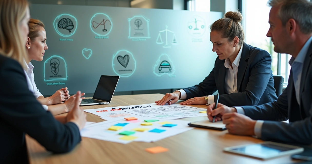 Equipe em escritório cercada por ícones de saúde mental e segurança trabalhando em painel de riscos psicossociais 