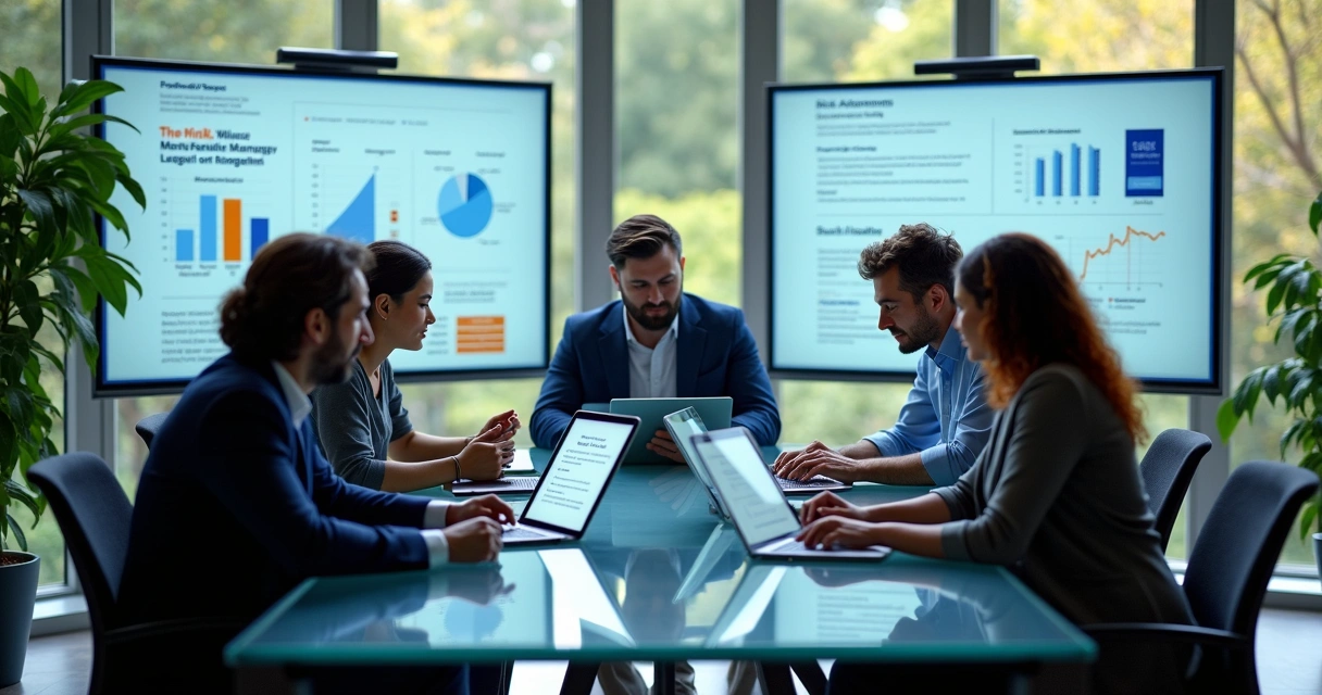 Ambiente de escritório moderno com profissionais discutindo gráficos e indicadores em telas digitais 