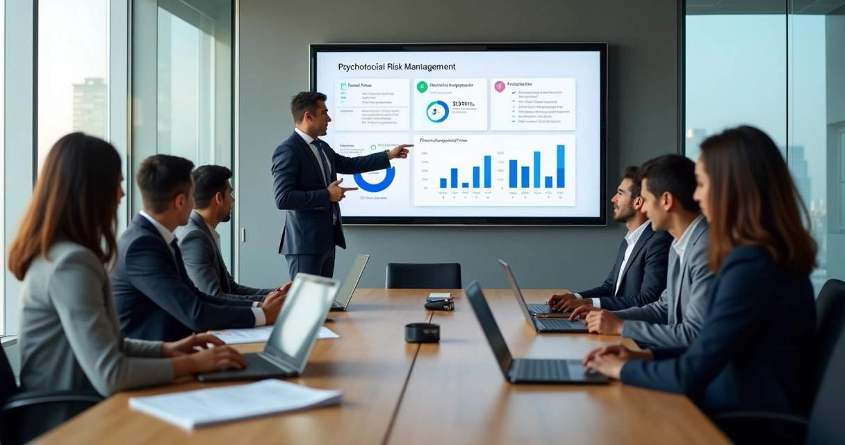 Reunião de equipe discutindo gestão de riscos psicossociais no escritório 