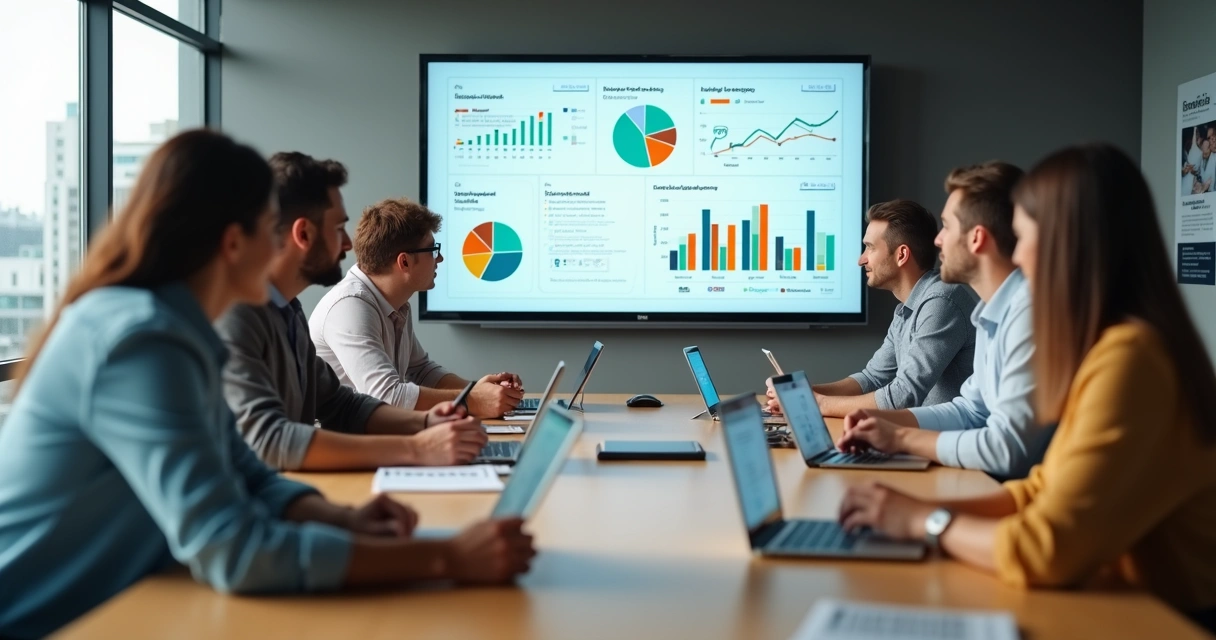 Equipe de escritório analisando painel de gestão de riscos psicossociais 