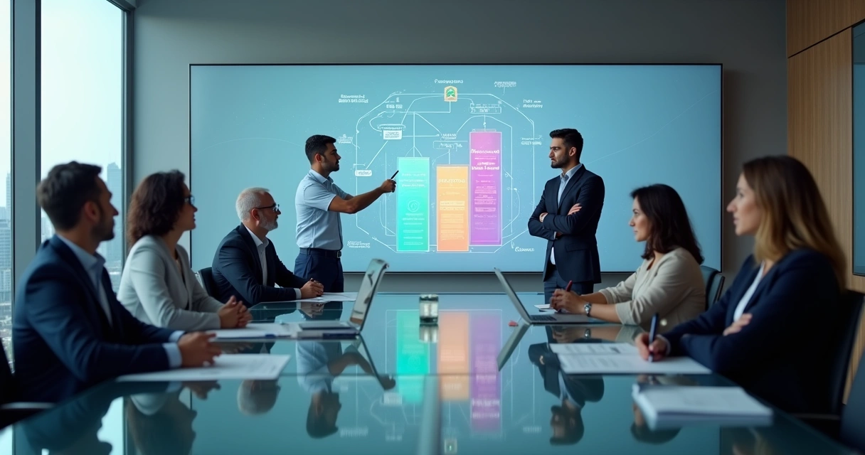 Executivos em sala moderna observam painel digital com quatro pilares de gestão de riscos psicossociais. 