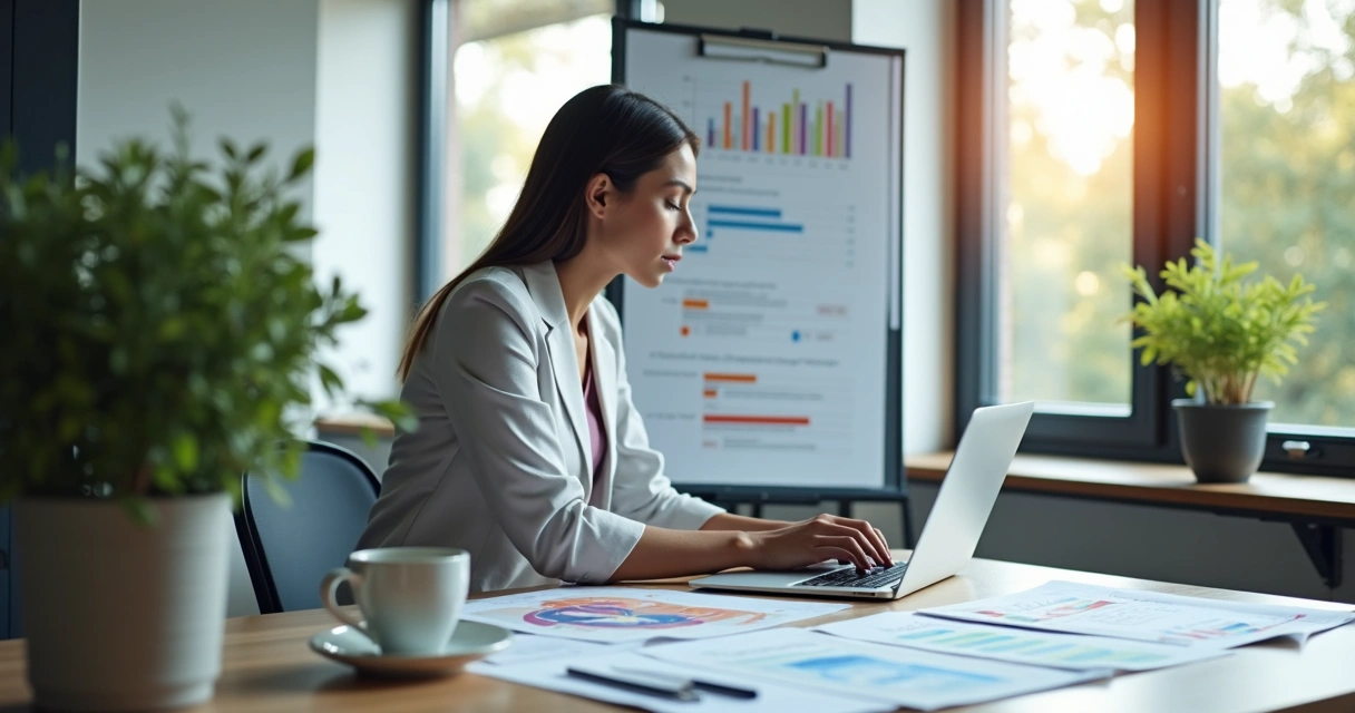 Profissional em ambiente de escritório analisando gráficos e documentos sobre saúde mental e riscos psicossociais no trabalho