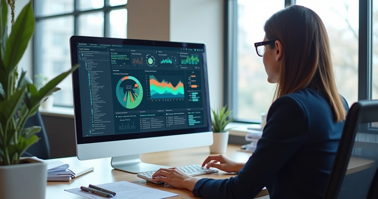 Profissional de RH consultando dossiê monitorado no computador em escritório moderno 