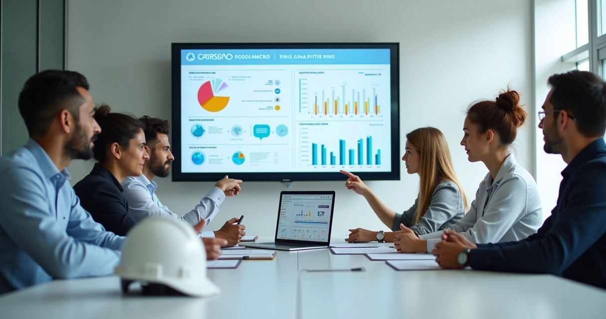 Equipe de segurança do trabalho analisando riscos ocupacionais e saúde mental em escritório corporativo 