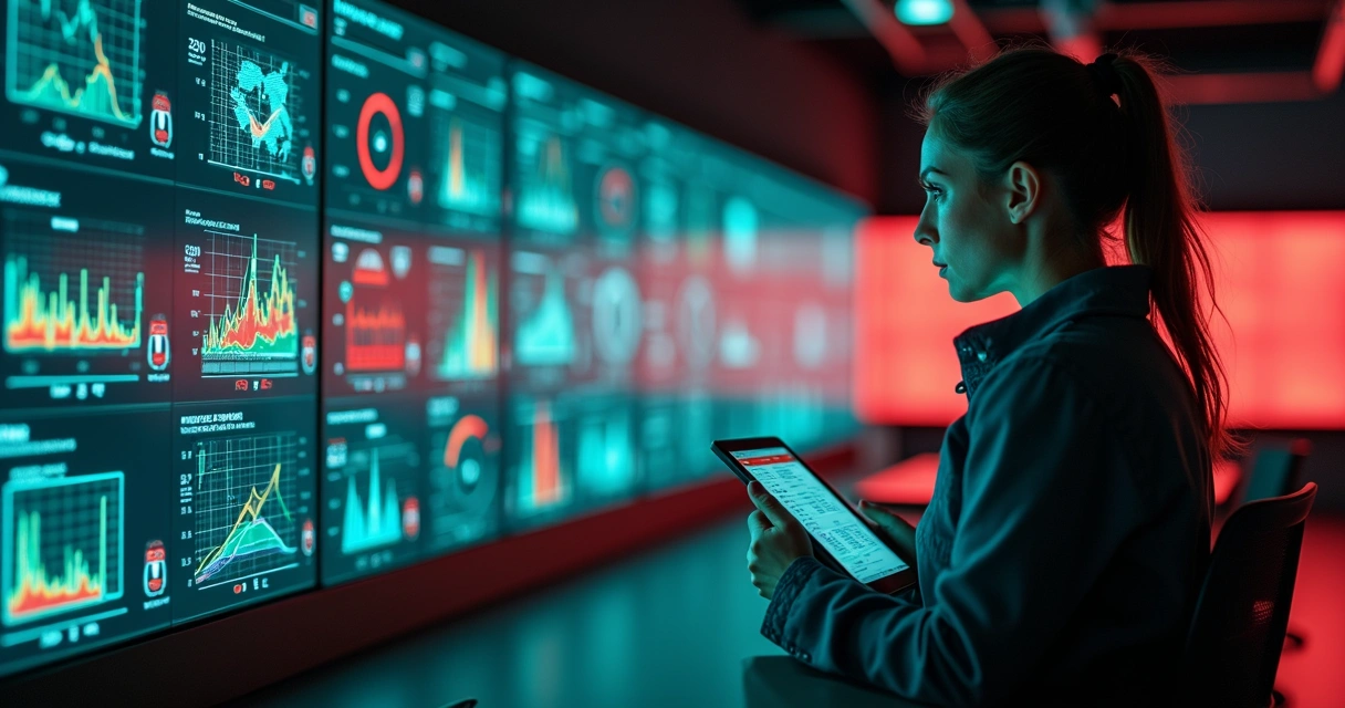 Pessoa controla níveis de risco em painéis digitais repletos de gráficos 